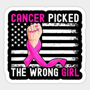 US Flag Cancer Picked The Wrong Girl Breast Cancer Awareness Sticker